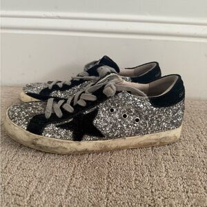 Golden Goose Silver Glitter Sneakers with Black Accents